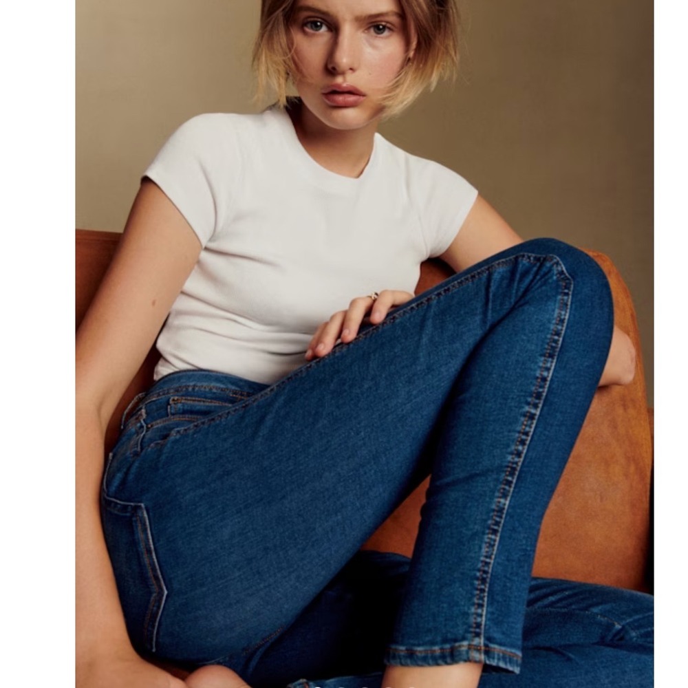 Sezane Slim High Waisted Skinny Jeans Dark Indigo Raw Hem Size 28